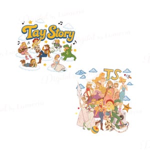 May include: A digital illustration featuring two groups of cartoon characters. The top left shows characters on clouds with the text Tay Story. The bottom right shows a group of characters with the letters TS, a rocket, and a camera.