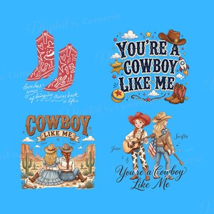 Puede incluir: Una hoja gr&aacute;fica digital con cuatro ilustraciones de tem&aacute;tica western. Los dise&ntilde;os incluyen botas vaqueras rojas, el texto You're a Cowboy Like Me con una estrella de sheriff y un cohete, dos figuras en un desierto y dos personajes con guitarras.