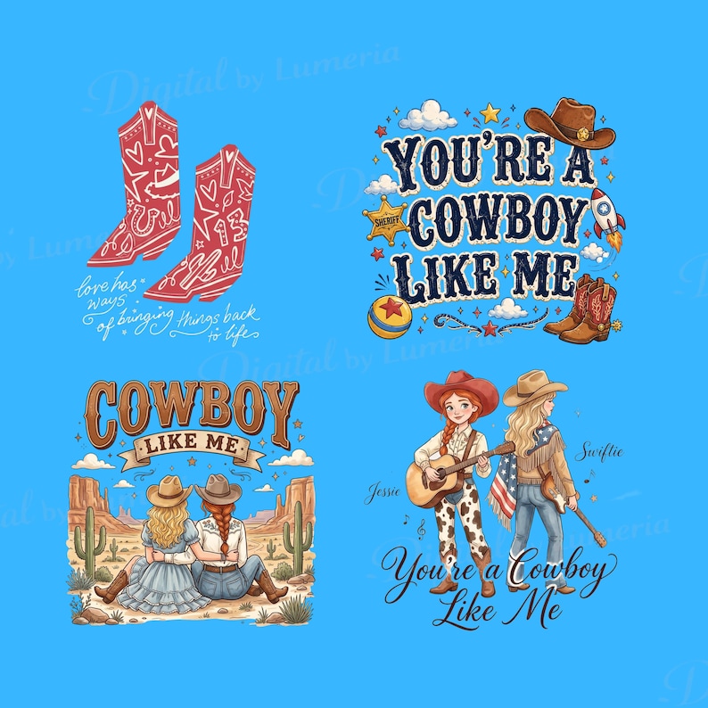 Puede incluir: Una hoja gr&aacute;fica digital con cuatro ilustraciones de tem&aacute;tica western. Los dise&ntilde;os incluyen botas vaqueras rojas, el texto You're a Cowboy Like Me con una estrella de sheriff y un cohete, dos figuras en un desierto y dos personajes con guitarras.