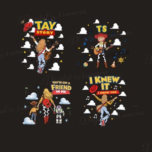 May include: Four graphic designs featuring cartoon characters and musical themes. Text includes TAY STORY, TS, YOU'VE GOT A FRIEND IN ME, and I KNEW IT I KNEW YOU. Illustrations show figures with guitars, cowboy hats, and space suits amidst clouds and stars.