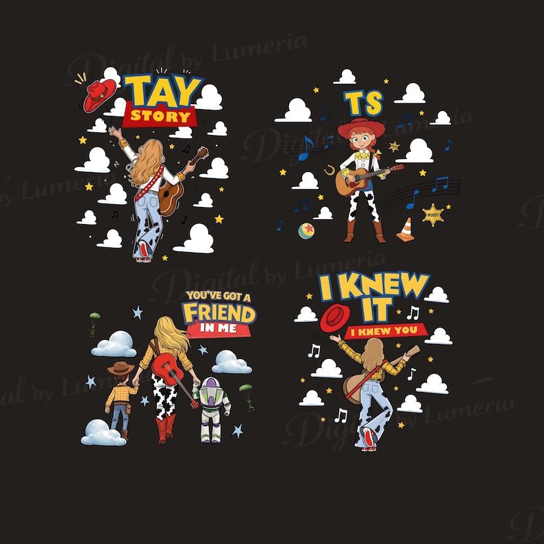May include: Four graphic designs featuring cartoon characters and musical themes. Text includes TAY STORY, TS, YOU'VE GOT A FRIEND IN ME, and I KNEW IT I KNEW YOU. Illustrations show figures with guitars, cowboy hats, and space suits amidst clouds and stars.