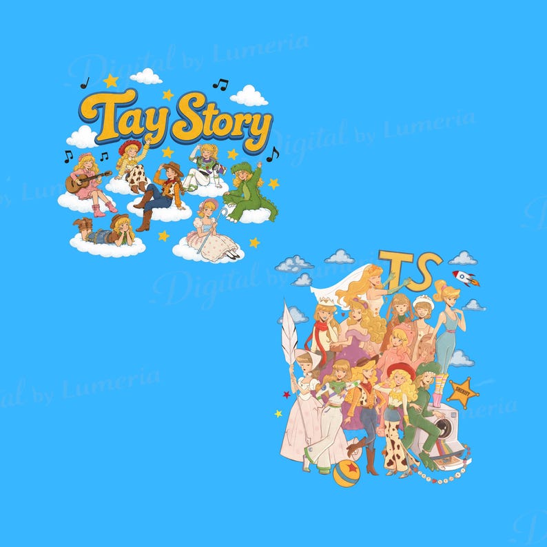 May include: A digital graphic design featuring the text Tay Story in yellow with orange outlines, accompanied by illustrations of characters in various outfits on clouds. A second group of characters is clustered below with the letters TS and a rocket.