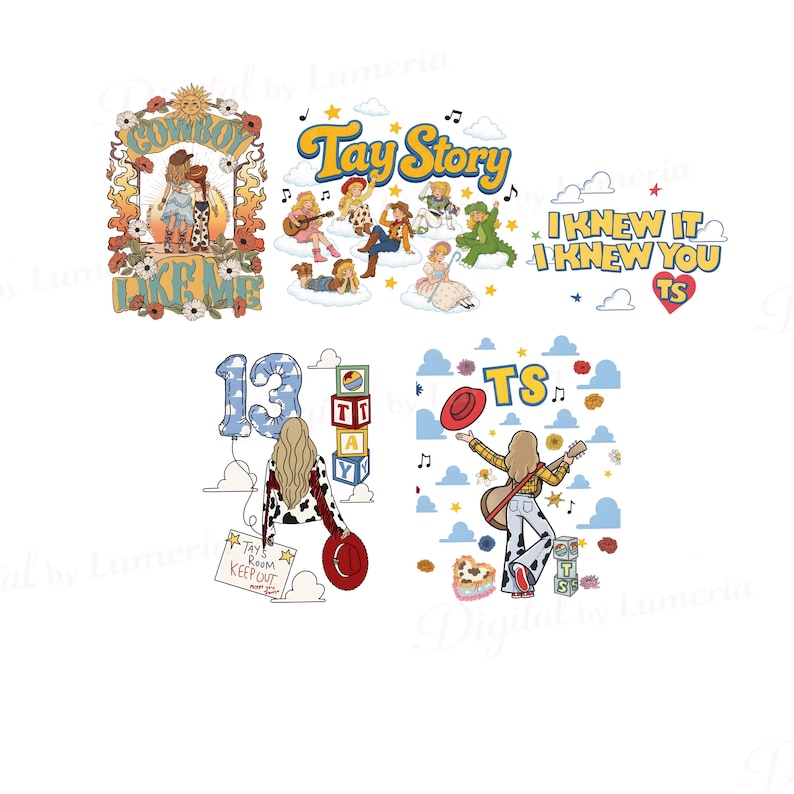 May include: A collection of five graphic illustrations featuring cartoon characters, musical notes, clouds, and stars. Text includes Cowboy Like Me, Tay Story, I Knew It I Knew You TS, 13, Tays Room Keep Out, and TS, rendered in various colourful fonts.