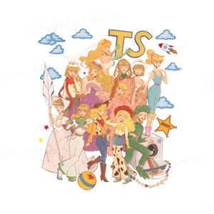 Peut inclure: Une illustration num&eacute;rique repr&eacute;sentant un groupe de personnages blonds v&ecirc;tus de diverses tenues, dont une combinaison spatiale, une tenue de cow-girl et un costume de dinosaure. Les lettres TS figurent en haut, avec des nuages, une fus&eacute;e et une &eacute;toile de sh&eacute;rif.