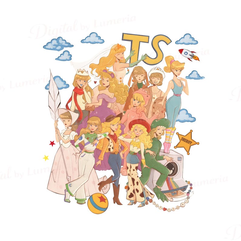 Peut inclure: Une illustration num&eacute;rique repr&eacute;sentant un groupe de personnages blonds v&ecirc;tus de diverses tenues, dont une combinaison spatiale, une tenue de cow-girl et un costume de dinosaure. Les lettres TS figurent en haut, avec des nuages, une fus&eacute;e et une &eacute;toile de sh&eacute;rif.