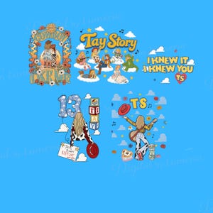 May include: A collection of five colourful graphic designs featuring illustrations of people, musical instruments, clouds, and stars. Text includes Cowboy Like Me, Tay Story, I Knew It I Knew You TS, 13, Tays Room Keep Out, and TS, with various motifs.