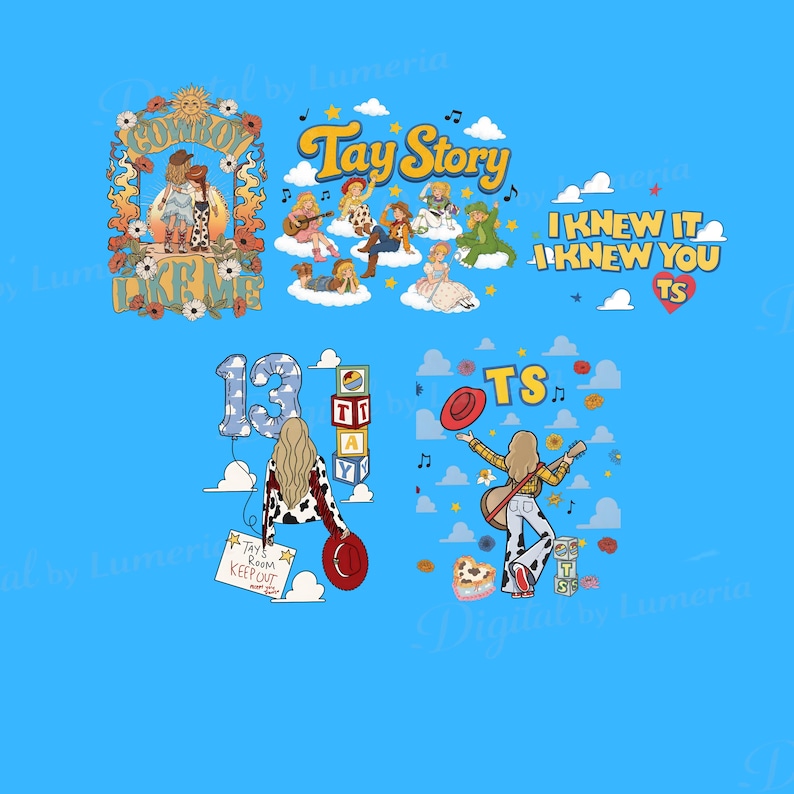 May include: A collection of five colourful graphic designs featuring illustrations of people, musical instruments, clouds, and stars. Text includes Cowboy Like Me, Tay Story, I Knew It I Knew You TS, 13, Tays Room Keep Out, and TS, with various motifs.