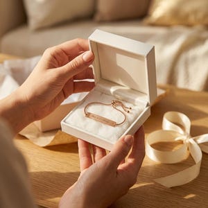 Puede incluir: Una pulsera de oro rosa con una barra rectangular grabada con el texto "Phil 4:13 - Emily" se muestra dentro de una caja de regalo blanca. La pulsera está sobre un interior blanco y afelpado. También se ve una cinta y un lazo color crema.