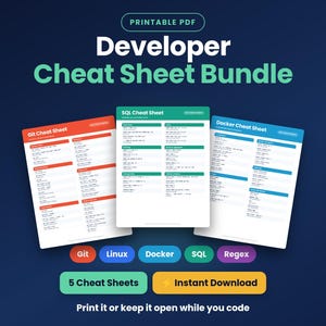 Developer Cheat Sheet Bundle, Git Linux Docker SQL Regex Printable PDF, Programming Reference, Gift for Programmer, Instant Download