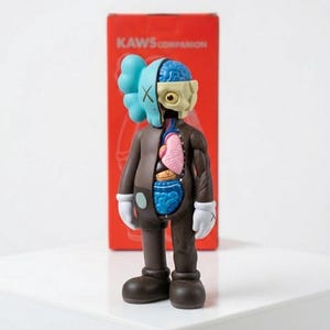 May include: A brown KAWS Companion figure with a partially dissected body, revealing internal organs. The figure has a blue head with X-shaped eyes and a light blue cloud-shaped head. The figure is standing in front of a red box with the text "KAWS COMPANION".