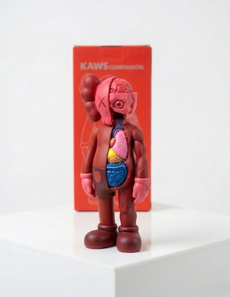 May include: A maroon KAWS Companion figure with exposed internal organs, including a brain, lungs, and intestines. The figure has a partially dissected appearance, with one side revealing the internal anatomy. The figure is standing in front of a red box with the text "KAWS COMPANION".