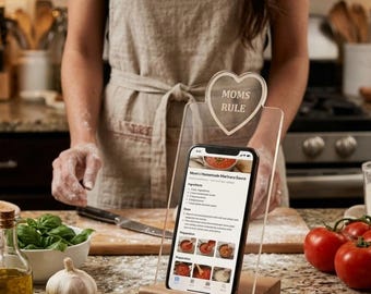 Gift For Mother - Phone Stand - Minimalist Tablet Holder - Moms Rule - iPad Accessory - Two Part Caddy - Recycled Wood & Clear Cast Acrylic