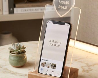 Mothers Day Gift - Phone Stand - Minimalist Tablet Holder - iPad iPhone Accessory - Two Part Caddy - Clear Cast Acrylic & Recycled Wood