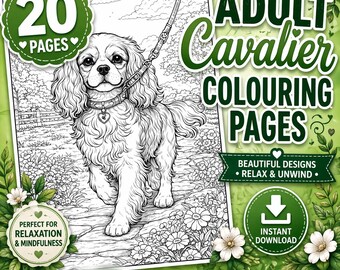May include: Black and white line art of a Cavalier King Charles Spaniel dog on a leash, featured on a coloring book cover. The cover includes text that reads "Adult Cavalier Colouring Pages" and "20 Pages". Additional text promotes relaxation and creativity.