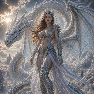 Puede incluir: Imagen de arte digital de una mujer con armadura plateada frente a un gran dragón blanco. La mujer lleva una corona y tela blanca fluida. La imagen está ambientada contra un cielo nublado con el texto "Aethera" y "Tae Ventus Dragoni (The Air Dragon)".