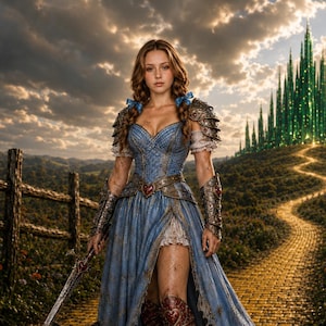 May include: A person with long brown hair in braids wearing a blue dress with a high-low hem, metallic shoulder armor, and red knee-high boots. A sword is held in one hand, and a small dark-furred dog with a heart-shaped collar sits nearby.