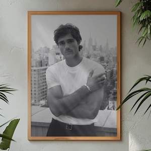Può includere: Fotografia in bianco e nero incorniciata di una persona con maglietta bianca e pantaloni scuri, con le braccia incrociate. La fotografia è ambientata su uno sfondo di paesaggio urbano. La cornice è di colore marrone chiaro. Appesa a un muro grigio, con piante in primo piano.