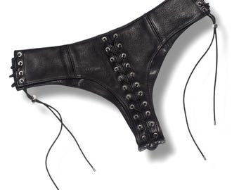 Tanga de piel de vacuno auténtica con cordones / Lencería gótica ajustable para festivales