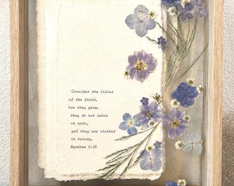 Custom Typewriter Print | Floating Frame | Deckled Paper | Pressed Flowers | Religious | Forget-me-Knots