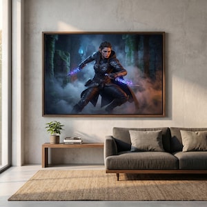 May include: A framed artwork depicts a fantasy warrior in dark armor, wielding glowing blue daggers. The scene is set in a misty, ancient ruin with stone columns and a mysterious blue light. The artwork is displayed above a modern gray sofa.