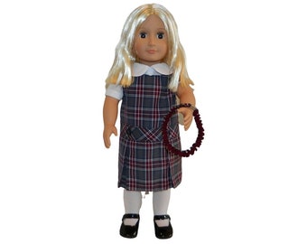 Gray, Burgundy & Navy Plaid 6T Doll Uniform Set - 18" Doll School Uniform, Plaid Doll Uniform, AG Doll School Uniform, Doll School Uniform