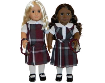 Burgundy & Gray Plaid Doll Uniform Set - 18 Inch Doll Uniform, Plaid Doll Uniform, Plaid 91, AG Doll Uniform, Plaid 54, Doll School Uniform