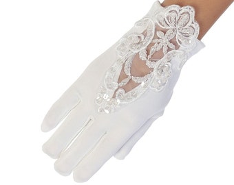 Girl's White or Ivory Embellished Lace Insert Gloves - Girl's Communion Gloves, Communion Gloves, Girl's Dress Gloves, Girl's White Gloves