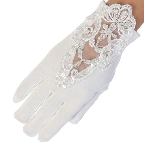 Girl's White or Ivory Matte Satin Beaded Gloves - Etsy