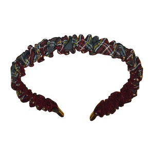 Burgundy, Gray & Yellow Plaid Ruffle Headband - School Uniform Headbands, Plaid Headbands, Uniform Plaid Headband, School Plaid 43, Plaid 43
