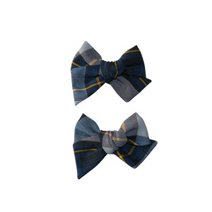 Gray, Navy & Gold Plaid 57 Butterfly Pigtail Bows - School Uniform Plaid Hair Bows, Plaid Hair Bows, Plaid 57, School Plaid Pigtail Bows