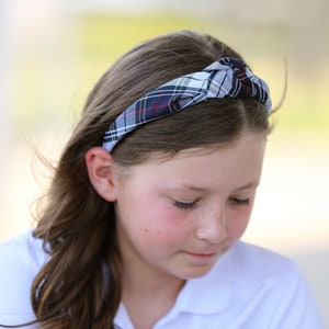 Navy, White & Red Top Knot Plaid Headband  - School Uniform Headbands, Plaid Headbands, Marymount Plaid, Top Knot Plaid Headbands, Plaid 8B