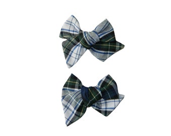 Navy, White & Green Plaid Butterfly Pigtail Bows - School Uniform Bows, Plaid Hair Bows, White Plaid Hair Bows, Plaid Pigtail Bows, Plaid 80