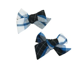 Blue, Black & White Plaid 578 Butterfly Pigtail Bows - School Uniform Hair Bows, School Plaid Hair Bows, Plaid Hair Bows, School Plaid 578