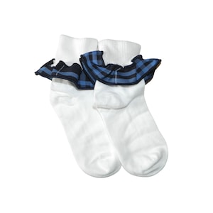 Navy & Blue Plaid Ruffle Ankle Socks - Girl&#39;s Plaid Ruffle Socks, Girl&#39;s School Uniform Socks, Navy and Light Blue Plaid, School Plaid 3D