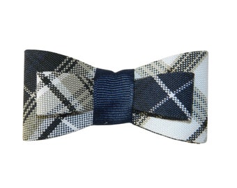 Navy & Khaki Plaid Tuxedo Hair Bow - School Uniform Hair Bows,  School Plaid Hair Bows, Navy and Khaki Plaid Bows, Khaki Plaid Hair Bows