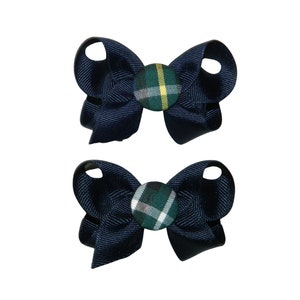 Navy, Forest, White & Yellow Plaid Button Pigtail Bows - School Uniform Hair Bows, Navy Plaid Hair Bows, School Plaid 35, Plaid Pigtail Bows