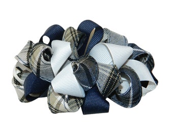 Navy & Khaki Plaid Loopy Hair Bow - School Uniform Hair Bows, Navy and Khaki Plaid Hair Bows, Khaki Hair Bows, Khaki and Navy Hair Bows