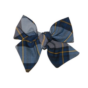 Gray, Navy & Gold Plaid 57 Butterfly Bow - School Uniform Plaid Hair Bows, Navy and Gray Plaid Hair Bows, Plaid Hair Bows, School Plaid 57