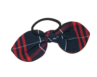 Navy & Red Plaid Bow Hair Tie - School Uniform Ponytail Holder, School Plaid 36, Navy and Red Ponytail Holder, Plaid 37, Hamilton Plaid