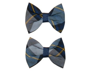 Gray, Navy & Gold Plaid Pigtail Bows - School Uniform Bows, Uniform Bows, Plaid Hair Bows, School Plaid 57, Plaid 57, Plaid Pigtail Bows