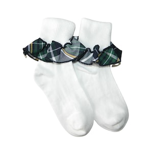Green, Navy, & Yellow Plaid 1B Ruffle Ankle Socks -  Uniform Socks, Christopher Plaid, Plaid 1B, Girl&#39;s School Socks, Girl&#39;s Uniform Socks