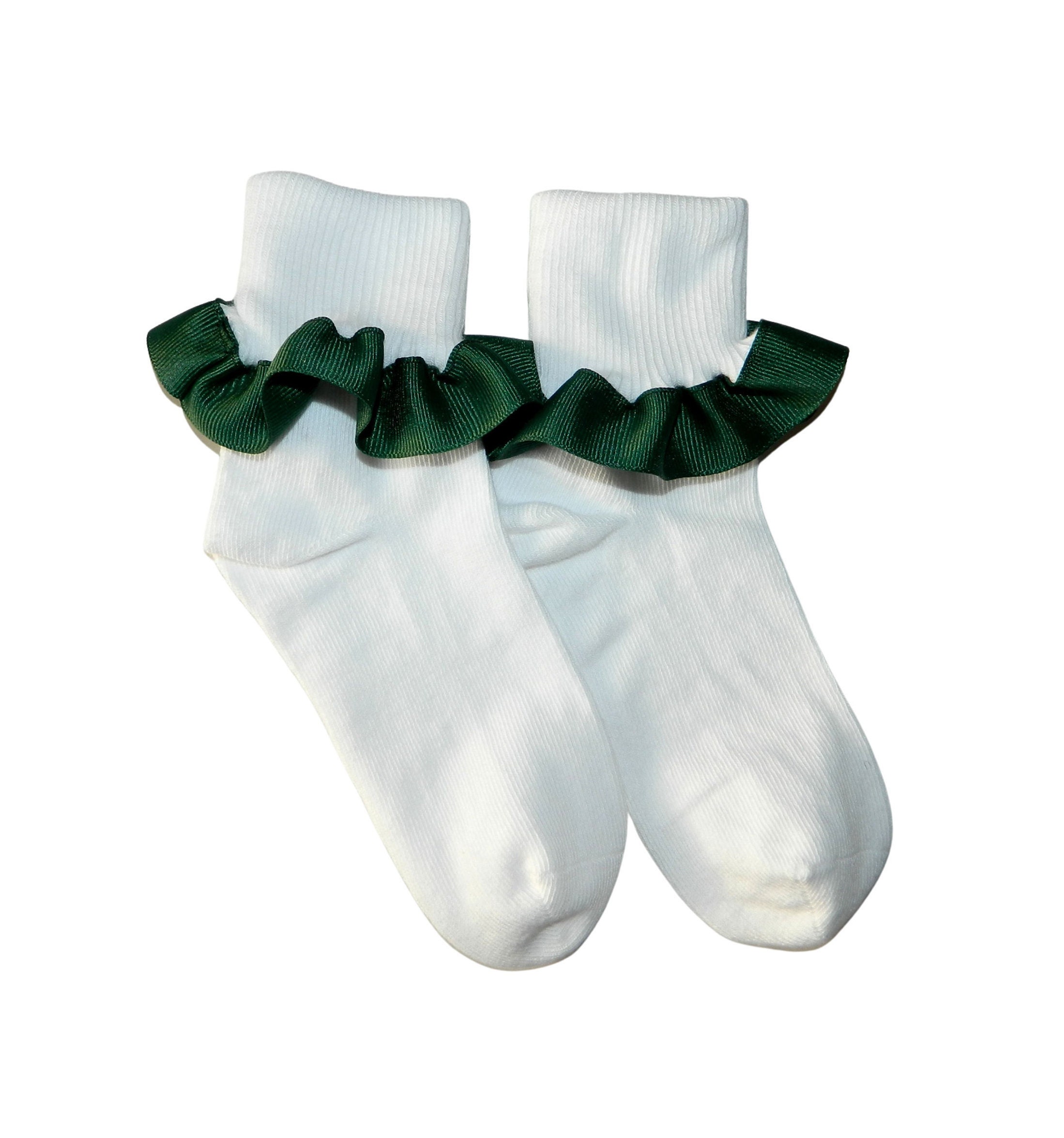 Hunter Green Ruffle White Ankle Socks - School Uniform Socks, Girl's Ankle Socks, Hunter Green Ankle Socks, Forest Green Uniform Socks