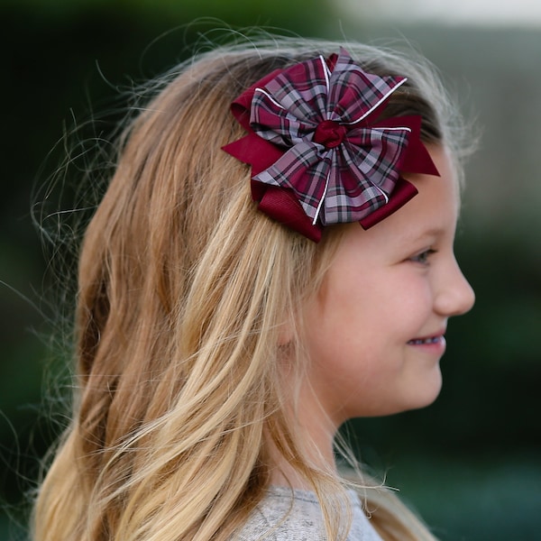 Burgundy & Gray Plaid Double Pinwheel Hair Bow - School Uniform Hair Bows, Burgundy and Gray Plaid Hair Bow, Plaid Hair Bow, School Plaid 91