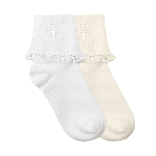 White or Ivory Lace Cross Socks - Girl's Cross Socks, Cross Socks, 1st Communion Socks, Embroidered Cross Socks, Communion Cross Socks