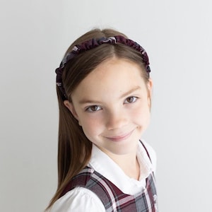 Burgundy & Gray Plaid Ruffled Headband - School Uniform Headband, Burgundy Plaid, Burgundy Gray Headband, Plaid Headband, School Plaid 91