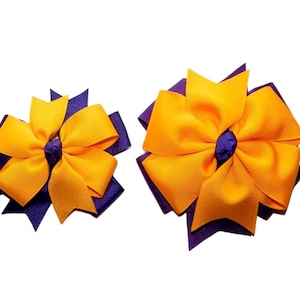 Purple & Yellow Gold Double Pinwheel Hair Bow - School Uniform Hair Bows, Uniform Hair Bows, Purple Gold Hair Bow, School Hair Bows