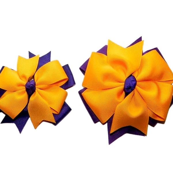 Purple & Yellow Gold Double Pinwheel Hair Bow - School Uniform Hair Bows, Uniform Hair Bows, Purple Gold Hair Bow, School Hair Bows