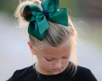 Forest Green & Navy XL Moonstitch Hair Bow - School Uniform Hair Bow, Moonstitch Hair Bow, Blackwatch Hair Bow, Moonstitch Ribbon