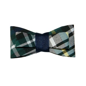 Navy, Forest, White & Yellow Plaid Tuxedo Hair Bow - School Uniform Hair Bows, Plaid 35, Gordon Plaid Hair Bow, Navy and Hunter Green Plaid