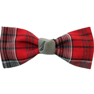 Red & Gray Plaid Fabric Bow Tie Hair Bow - Uniform Hair Bows, Red and Gray Plaid, School Plaid 33, Uniform Plaid 33, Fairmont Plaid